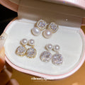 Square Crystal and Pearl Stud Earrings in Three Metal Tones view 1