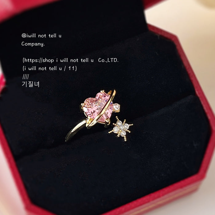 Gold Pink Heart Crystal Open Adjustable Ring Star Charm