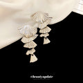 Silver Tone Layered Fan Long Drop Statement Stud Earrings view 3