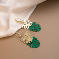 Layered Gold White and Green Palm Leaf Dangle Earrings view 4
