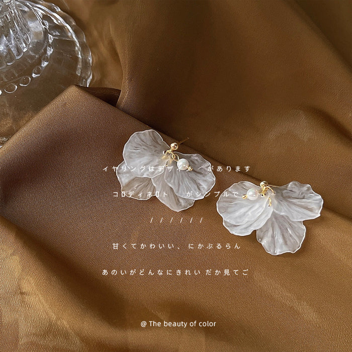 Gold Tone Translucent White Petal Cluster Drop Stud Earrings