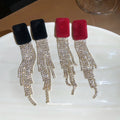 Burgundy Velvet Square Stud Earrings With Crystal Tassels view 2