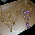 Gold Purple Crystal Teardrop Necklace Matching Earrings view 1