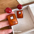 Red Round and Amber Open Rectangle Drop Stud Earrings view 2