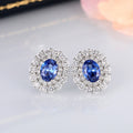 Blue Oval Double-Halo Stud Earrings In Silver Tone view 3
