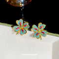 Gold Tone Multicolor Crystal Four Leaf Flower Stud Earrings view 3