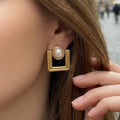 Geometric Square Pearl Center Stud Earrings in Gold Tone view 3