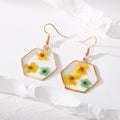 Gold Tone Hexagon Pressed Flower Resin Hook Earrings in Two Designs view 3
