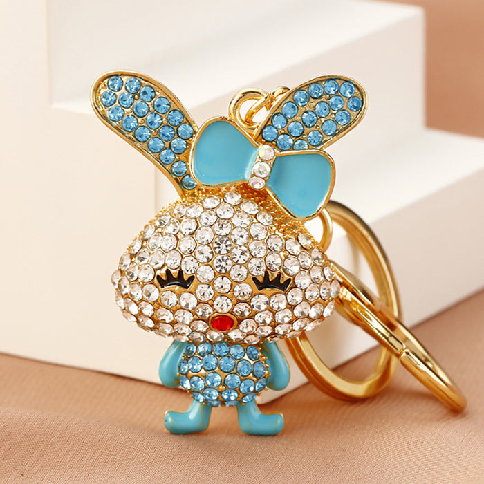 Jeweled Bow Ear Rabbit Keychains in Four Colors with Braided Loops