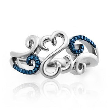 Silver Tone Openwork Scroll Heart Ring With Dark Blue Stones