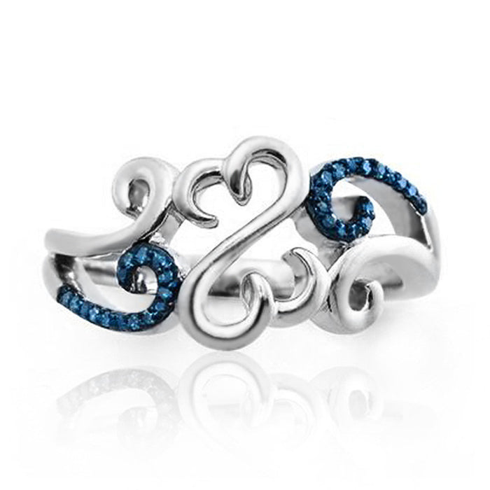 Silver Tone Openwork Scroll Heart Ring With Dark Blue Stones