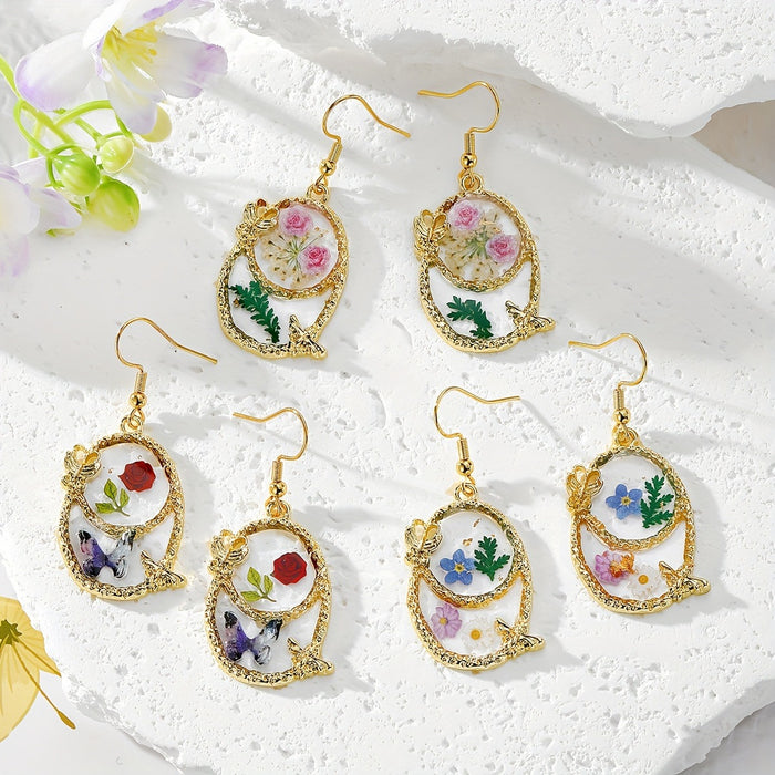 Gold Tone Ornate Oval Pressed Flower Drop Earrings in Three Designs