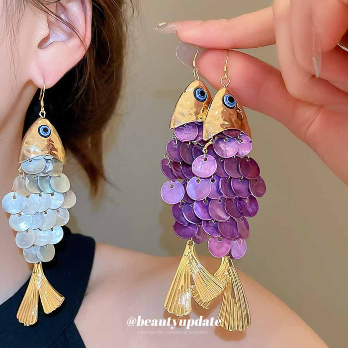 Sequin Fish Drop Hook Earrings in Two Colors With Decorative Metal Accents