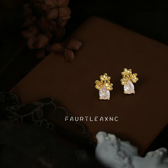 Gold Tone Flower Cluster And Clear Teardrop Stone Stud Earrings