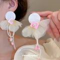 White Chiffon Flower Pink Tassel Stud Earrings Fashion Jewelry for Women view 1
