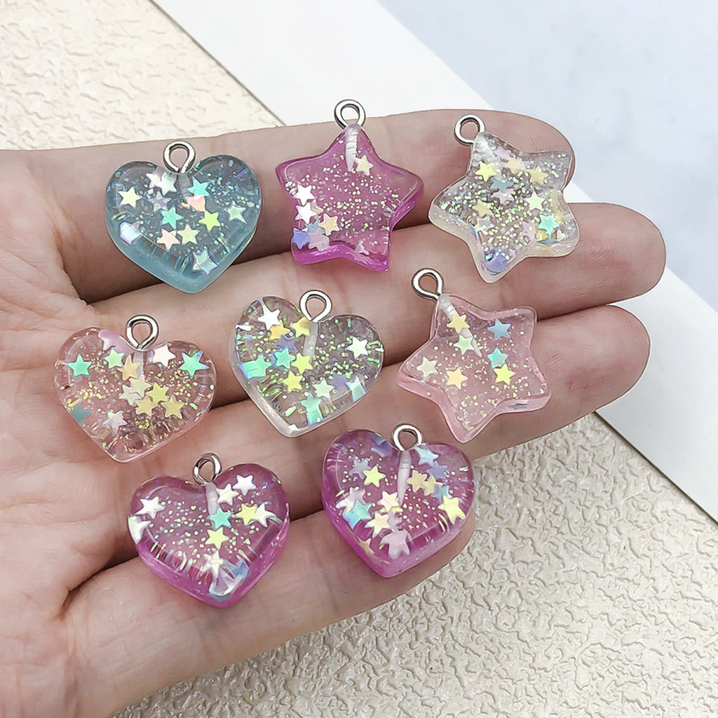 Resin Transparent Glitter Heart Five Point Star Charm Pendants for DIY Phone Strap Jewelry