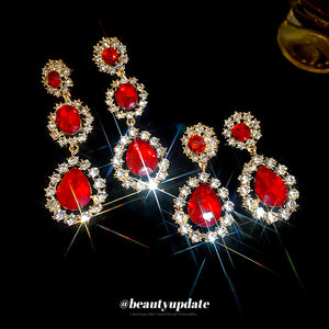 Red Teardrop Crystal Halo Short Drop Statement Earrings