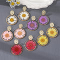 Gold Tone Round Resin Pressed Flower Drop Stud Earrings in Five Colors view 1