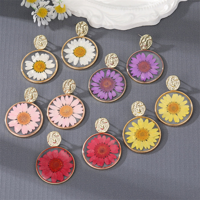 Gold Tone Round Resin Pressed Flower Drop Stud Earrings in Five Colors