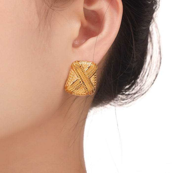 Gold Geometric Textured Cross Hatch Loop Hoop Earrings