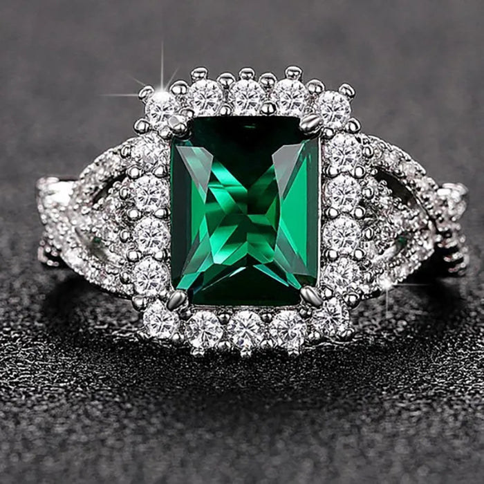 Silver Tone Emerald Green Rectangular Halo Ring Jewelry
