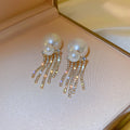 Pearl Top Earrings With Crystal Chain Fringe Fashion Jewelry Accessories view 2