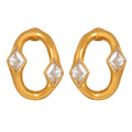 Gold Steel Geometric Oval Earrings Dual Square Stones view 5