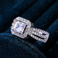 Silver Tone Square Halo Two Band Ring Set With Polished Clear Stone Detail view 3