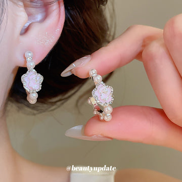 Pink Enamel Flower Hoop Earrings with Pearl Accents