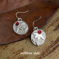 Silver Textured Disc Leaf Earrings Red Cabochon Pair view 3