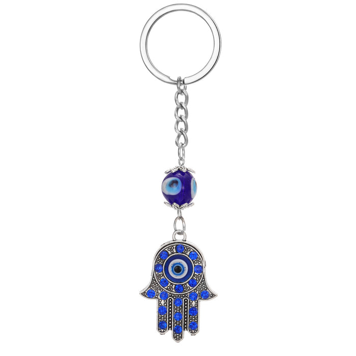 Silver Tone Blue Crystal Hamsa Evil Eye Beaded Split Ring Keychain