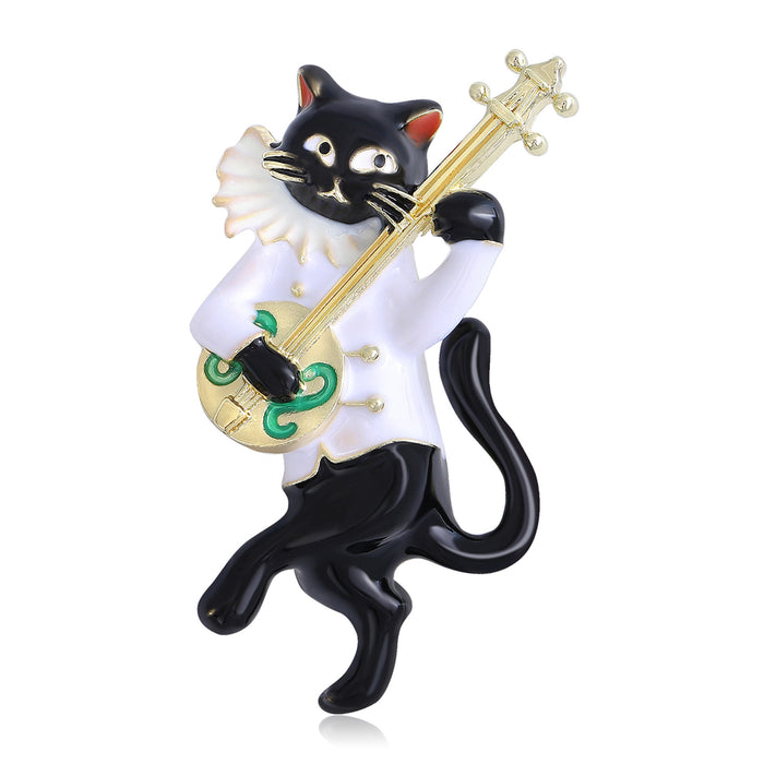 Black Enamel Cat Playing Lute Brooch White Collar Gold Trim