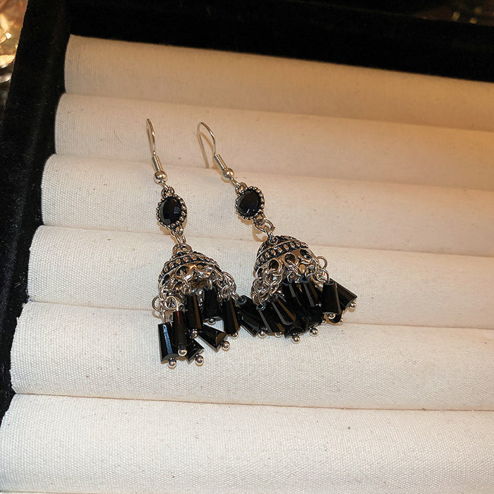 Antique Silver Tone Black Bead Lantern Hook Earrings