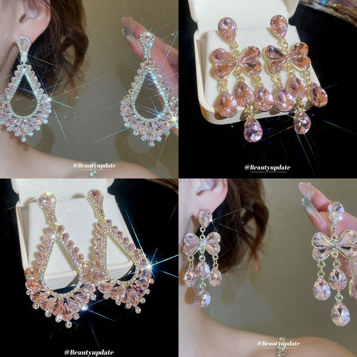 Pink Crystal Bow Teardrop Earrings with Reflective Details
