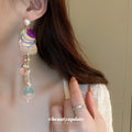 Long Iridescent Sequin Drop Earrings with Pearl Beads and Chains view 3