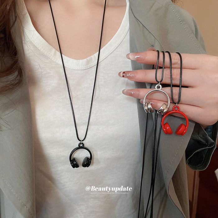 Mini Headphone Pendant Necklace on Adjustable Black Cord