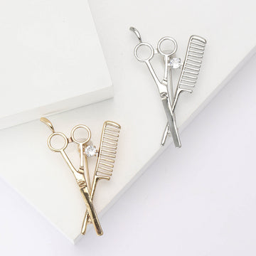 Scissors And Comb Crystal Brooch In Gold And Silver Tones