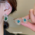 Crystal Leaf and Flower Drop Earrings in Green and Blue view 2