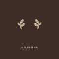 Gold Mini Leaf Sprig Stud Earrings Clear Crystal Pave view 1