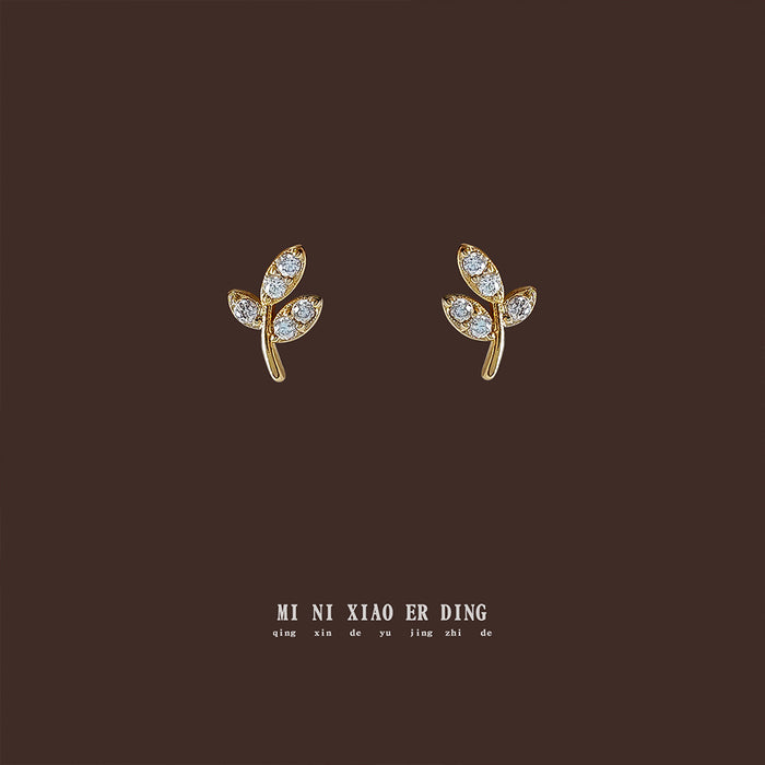 Gold Mini Leaf Sprig Stud Earrings Clear Crystal Pave
