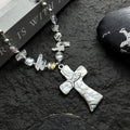Silver Hammered Cross Pendant Necklace Clear Crystal Beads view 4