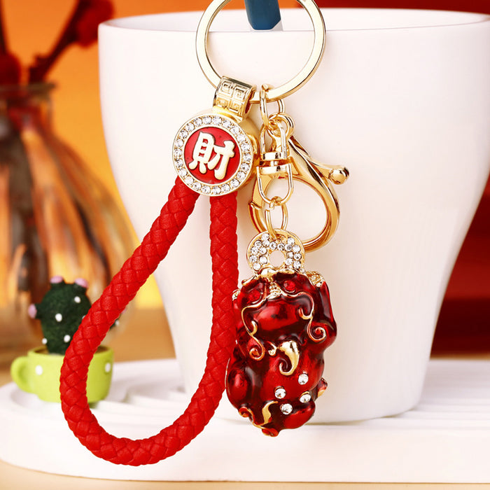 Jeweled Pixiu Keychains in Five Colors with Matching Fortune Braided Loops