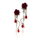 Burgundy Velvet Flower and Crystal Long Drop Earrings view 5