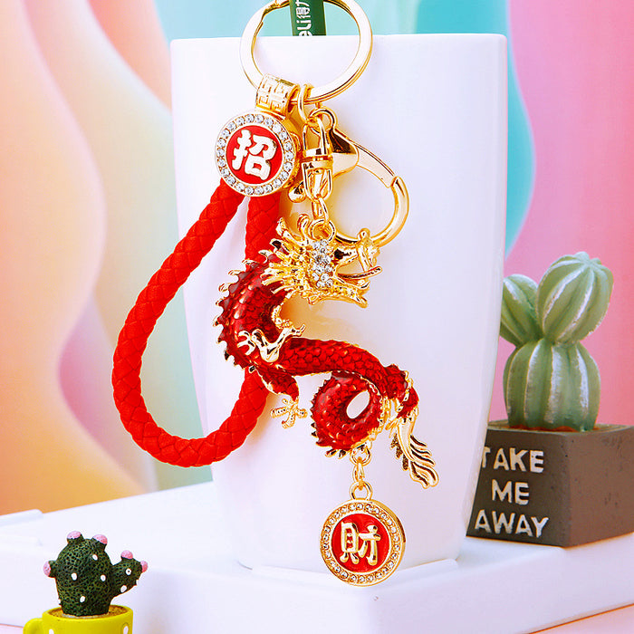 Jeweled Zodiac Dragon Keychains with Fortune and Loose Heart Loop Options