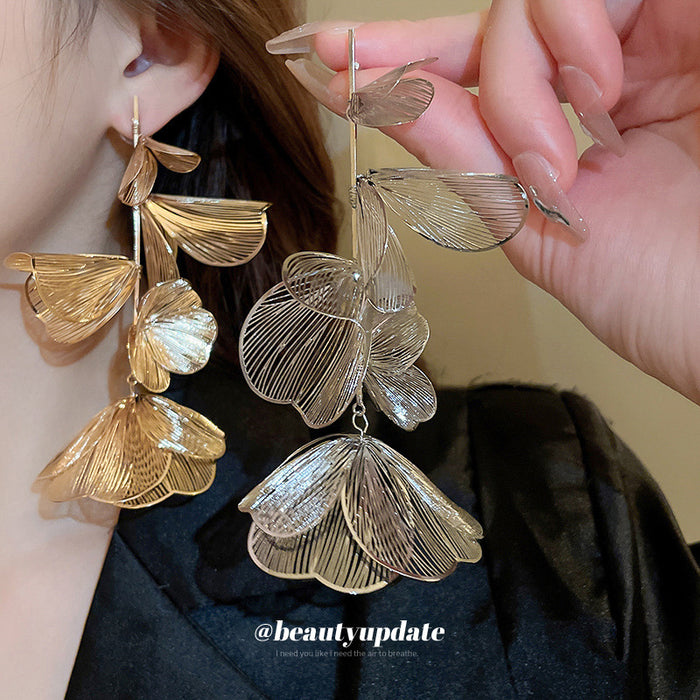Layered Metal Petal Cluster Drop Earrings Fashion Jewelry