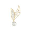 Gold Tone Mother Of Pearl Leaf Brooch With Pearl Drop view 5