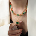 Gold Double Layer Necklace Green Tube Beads Square Pendant view 4
