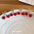 Silver Tone Double Cherry Bow Stud Earrings With Red Drops view 3