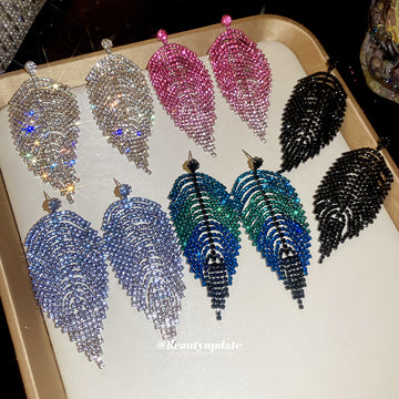Crystal Leaf Fringe Earrings in Five Color Options