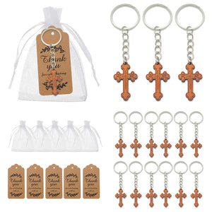 Carved Wooden Cross Keychain, Metal Ring, Single or Bag-Tag Set